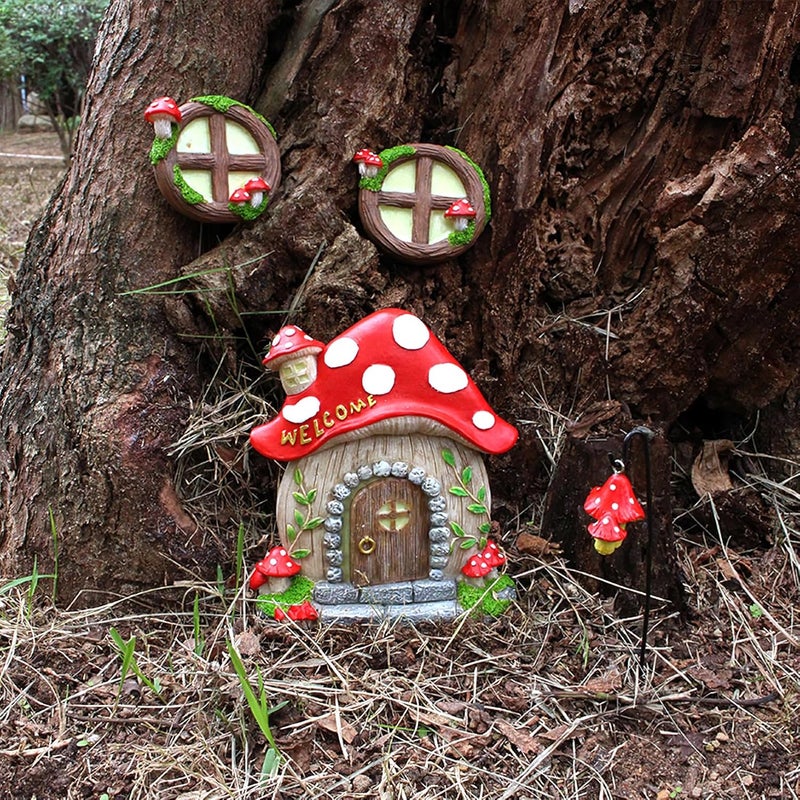 IMOFEE Fairy Door and Windows Garden Kit Accessories Outdoor, Glow in Dark Gnome House for Tree, Lawn Yard Art Sculpture, Miniature Garden Decor (Mushroom) - Image 3